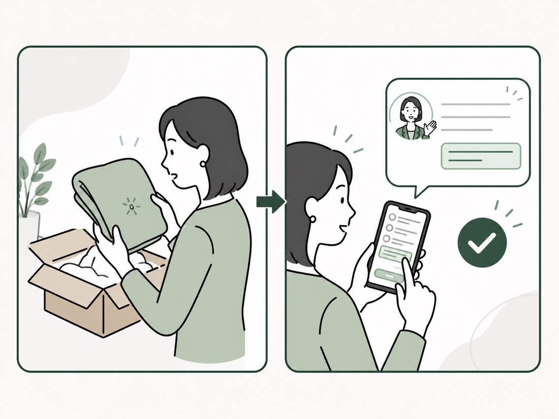 商品の不具合を確認し、注文履歴から問い合わせる流れのイラスト