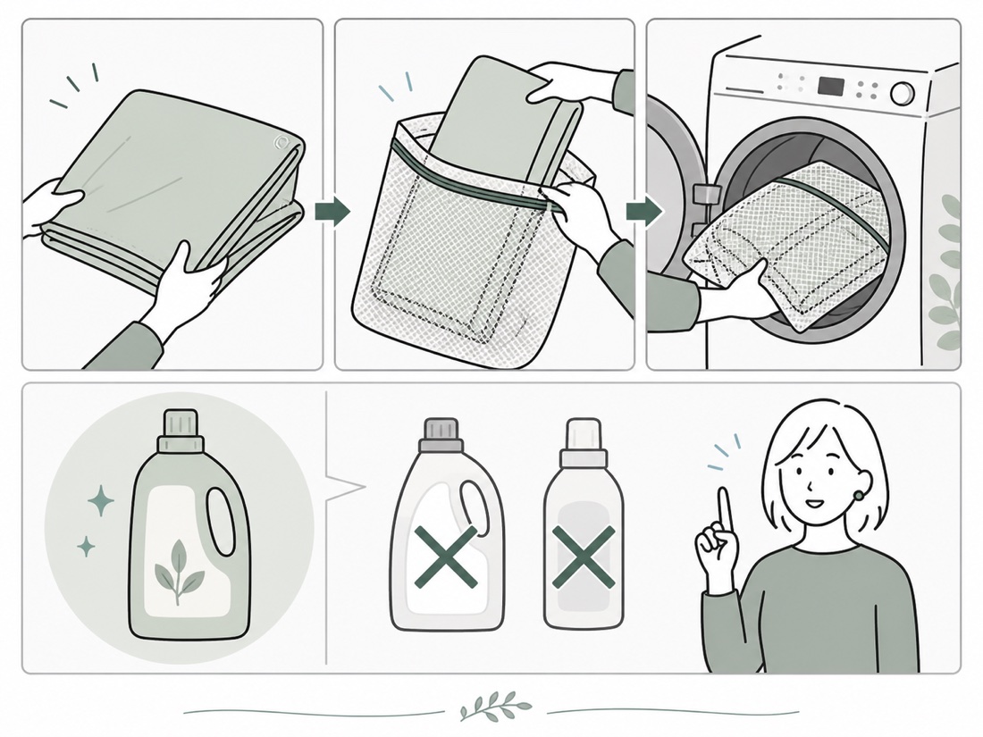 シートを洗濯ネットに入れ、中性洗剤で洗う手順のイラスト
