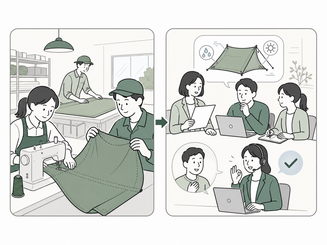 工場での製造と日本での商品企画・サポートの流れを示すイラスト