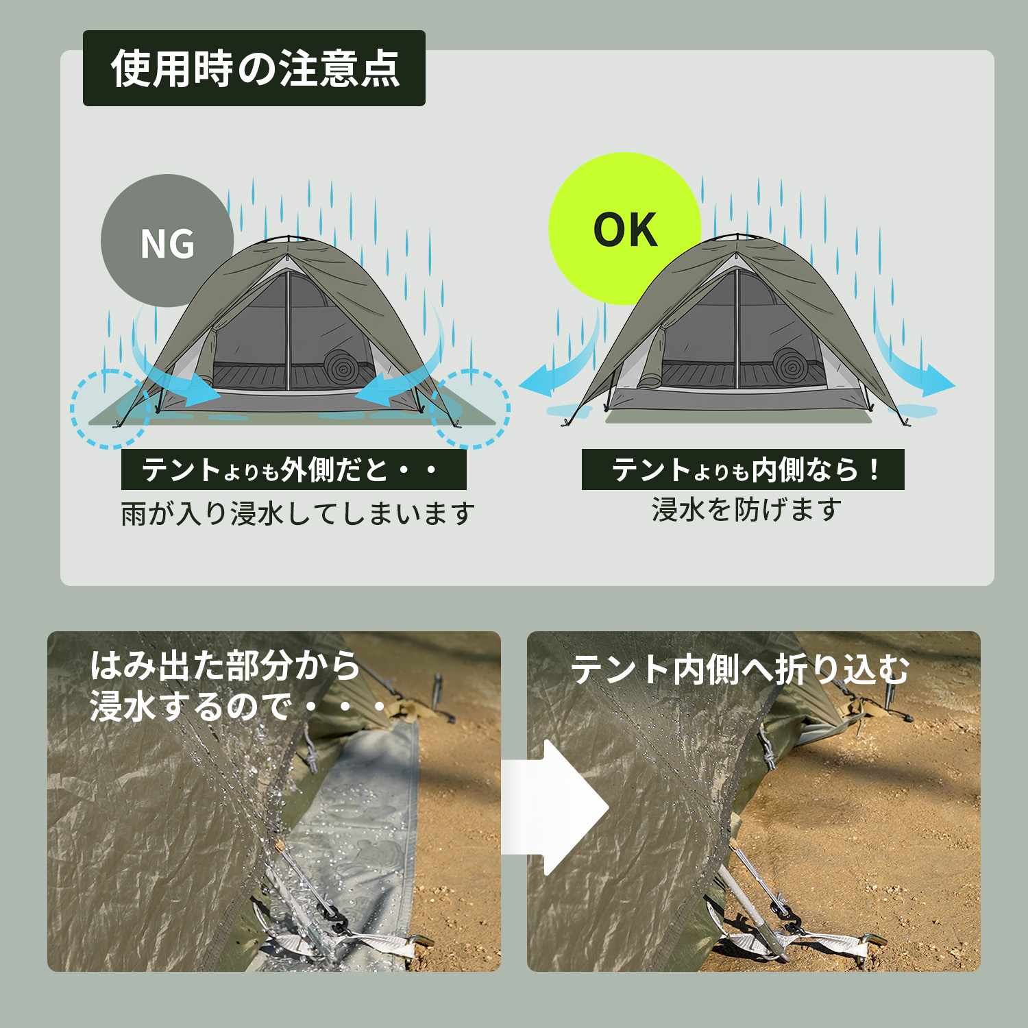 グランドシートが雨を受けないようテントの内側に折り込む注意点の商品画像
